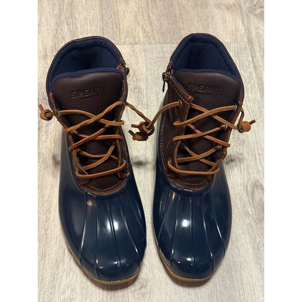 Sperry Saltwater Duck Boots Womens 7.5 Navy‎ Brown Leather Waterproof STS91175